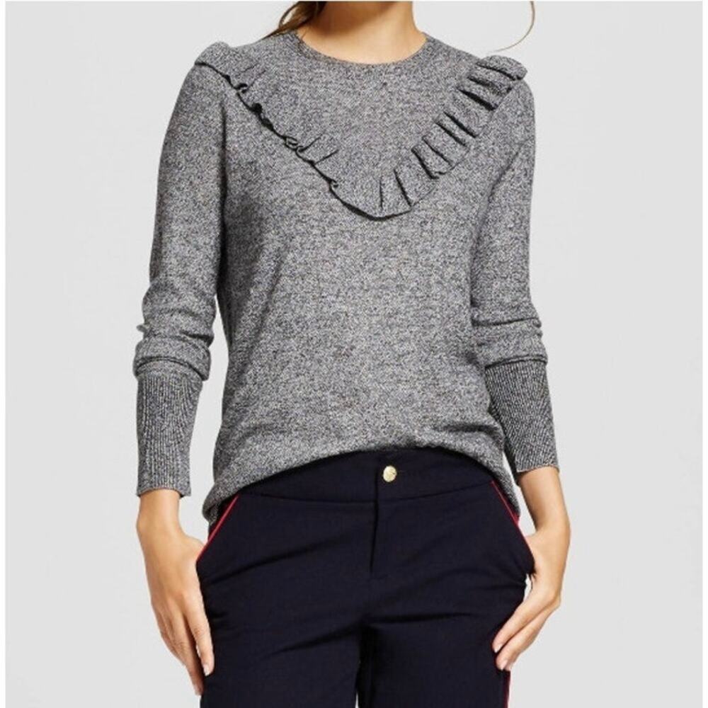 A New Day Small Black Gray Pullover Sweater Ruffle Neck Front